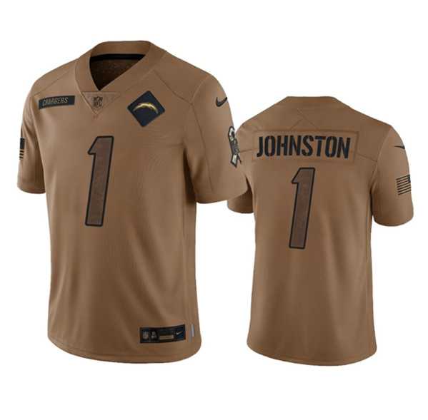 Men%27s Los Angeles Chargers #1 Quentin Johnston 2023 Brown Salute To Service Limited Football Stitched Jersey Dyin